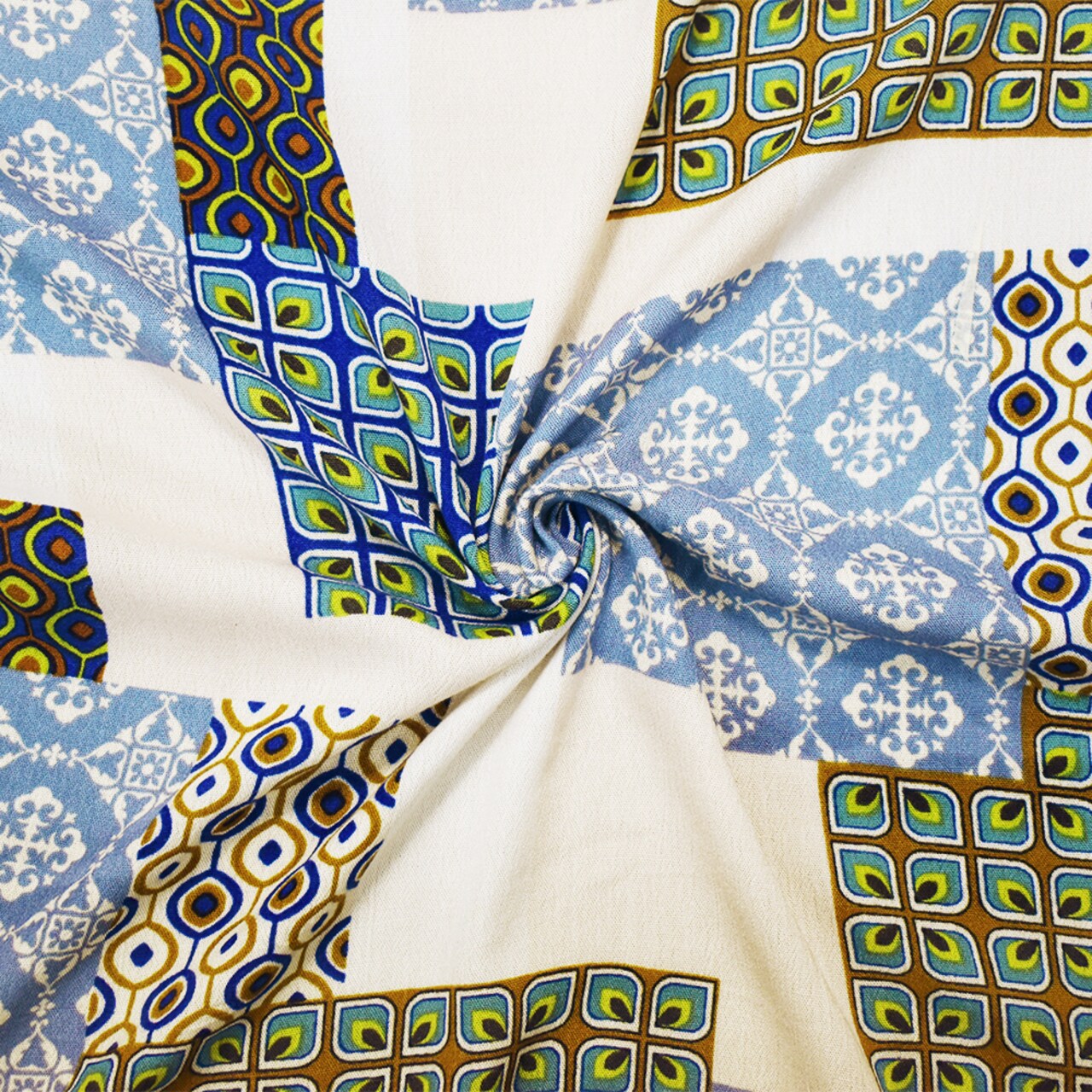 Blue-Green-Multi Cotton Patch Moroccan Pattern Printed Gauze Woven Fabric By the Yard
